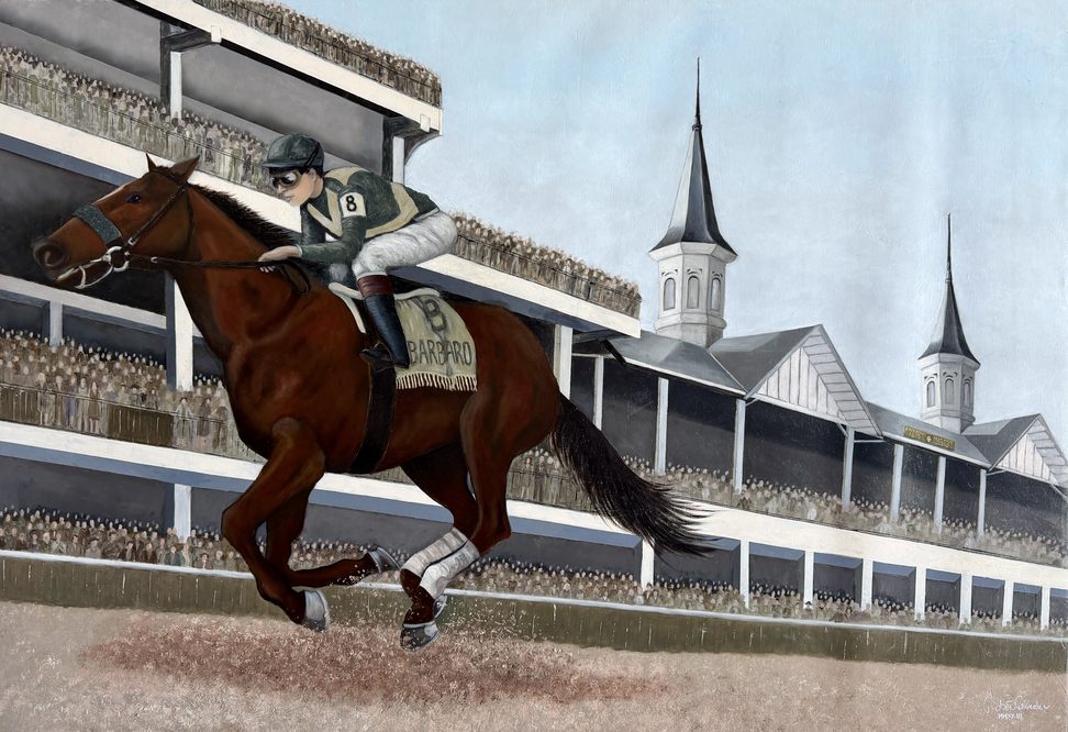 Painting of Barbaro and his jockey racing past Churchill Downs, with BARBARO on the saddlecloth and the twin spires in the distance.