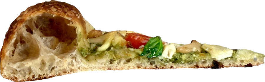 A slice of pizza, seen from the side.